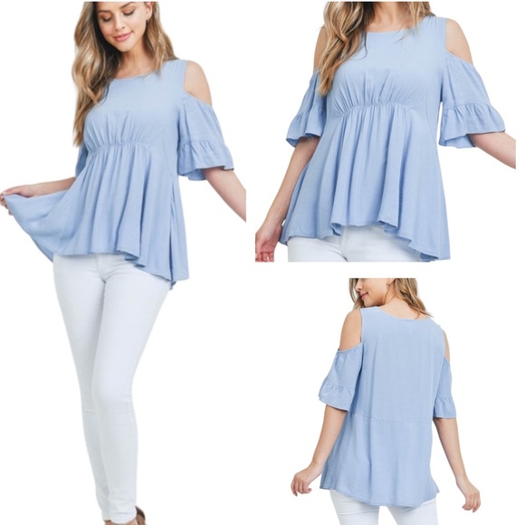 Tops - Boutique Light Blue Cold Shoulder Top